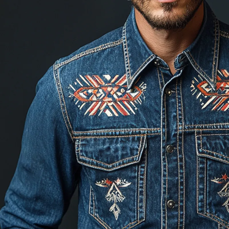 Men's Retro Casual Ethnic Style Printed Denim Lapel Long Sleeve Shirt MTA2431C4TO sold by Manly product image thumbnail 2