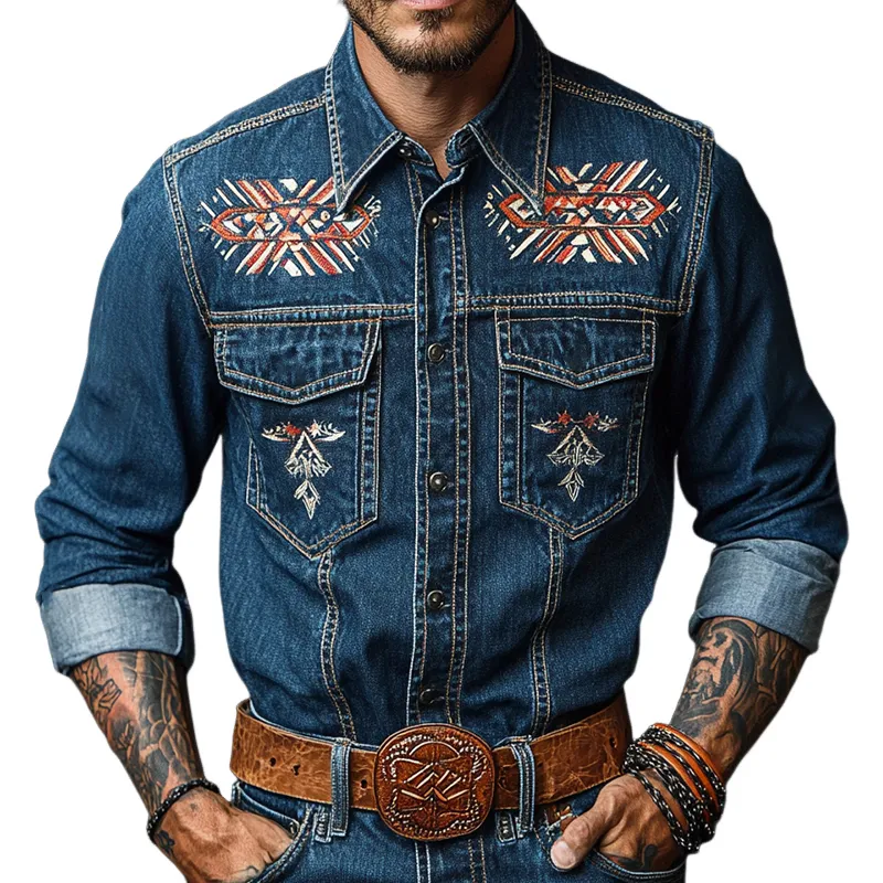 Men's Retro Casual Ethnic Style Printed Denim Lapel Long Sleeve Shirt MTA2431C4TO sold by Manly