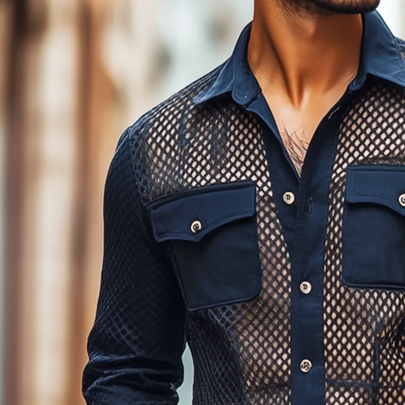 Men's Retro Casual Solid Color Mesh Fabric Splicing Lapel Long Sleeve Shirt MTA2536C3TO sold by Manly product image thumbnail 3