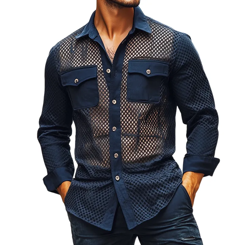 Men's Retro Casual Solid Color Mesh Fabric Splicing Lapel Long Sleeve Shirt MTA2536C3TO sold by Manly