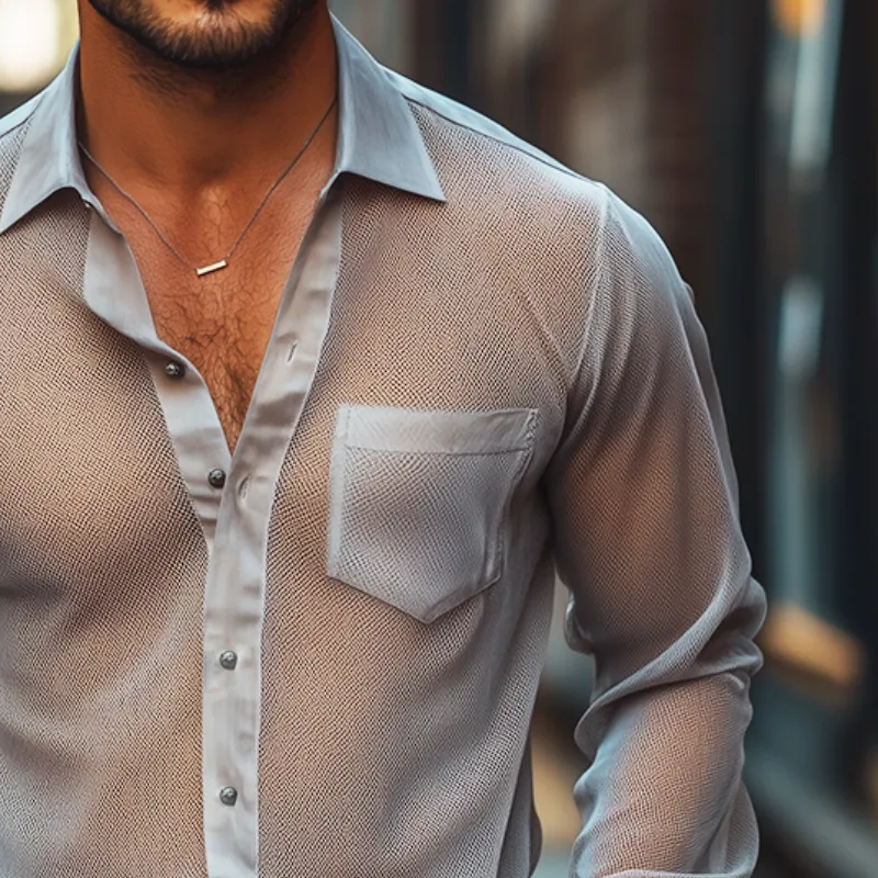 Men's Retro Casual Summer Cool Mesh Satin Splicing Lapel Long Sleeve Shirt MTA2529C1TO sold by Manly product image thumbnail 3