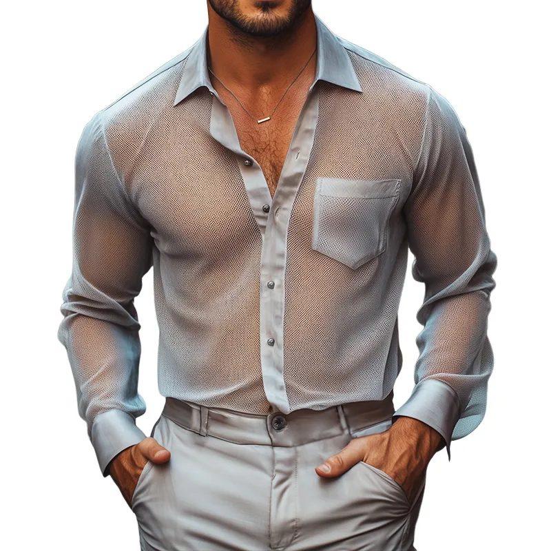 Men's Retro Casual Summer Cool Mesh Satin Splicing Lapel Long Sleeve Shirt MTA2529C1TO sold by Manly