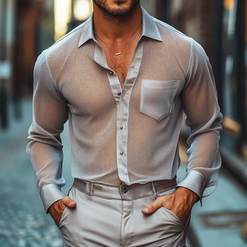 Men's Retro Casual Summer Cool Mesh Satin Splicing Lapel Long Sleeve Shirt MTA2529C1TO sold by Manly product image thumbnail 2