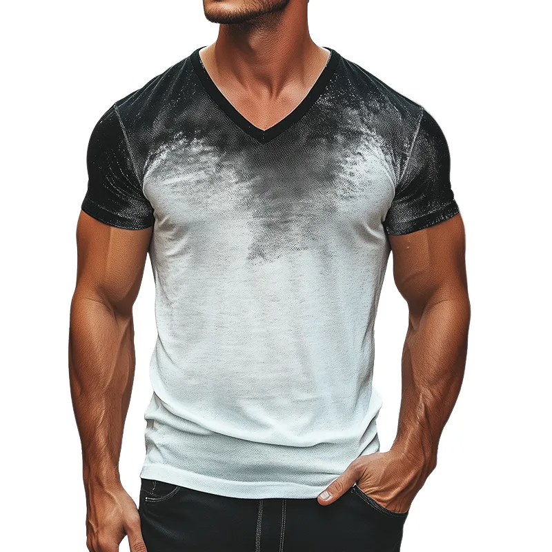 Men's Retro Casual Gradient Printed V-Neck Short Sleeve T-Shirt MTA2524C7TO sold by Manly