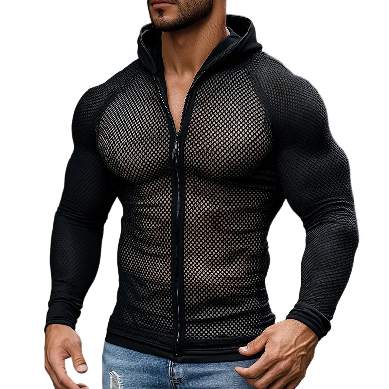 Men's Retro Casual Mesh Fabric Splicing Hooded Zipper Sports Long Sleeve T-Shirt MTA2578C3TO sold by Manly