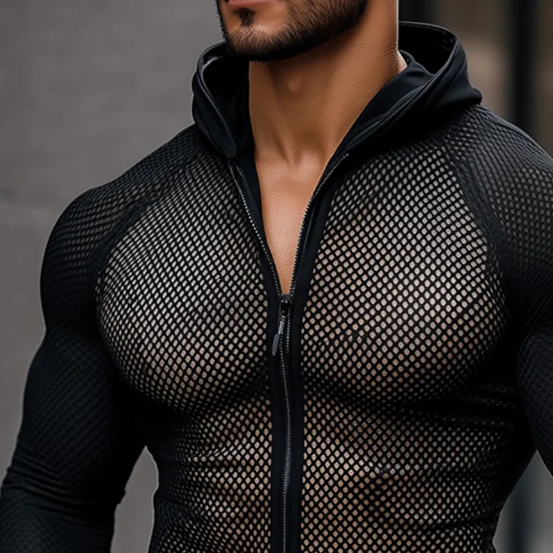 Men's Retro Casual Mesh Fabric Splicing Hooded Zipper Sports Long Sleeve T-Shirt MTA2578C3TO sold by Manly product image thumbnail 3
