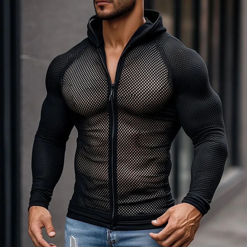 Men's Retro Casual Mesh Fabric Splicing Hooded Zipper Sports Long Sleeve T-Shirt MTA2578C3TO sold by Manly product image thumbnail 2