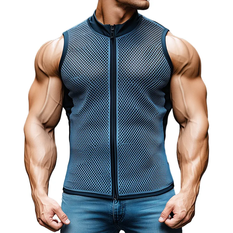 Men's Retro Casual Mesh Fabric Elastic Stand Collar Zipper Sports Tank Top MTA2548C8TO sold by Manly