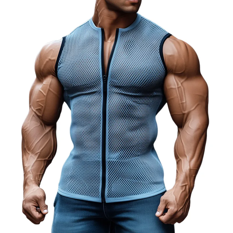 Men's Retro Casual Mesh Fabric Stretch Collarless Zipper Sports Tank Top MTA2593C5TO sold by Manly