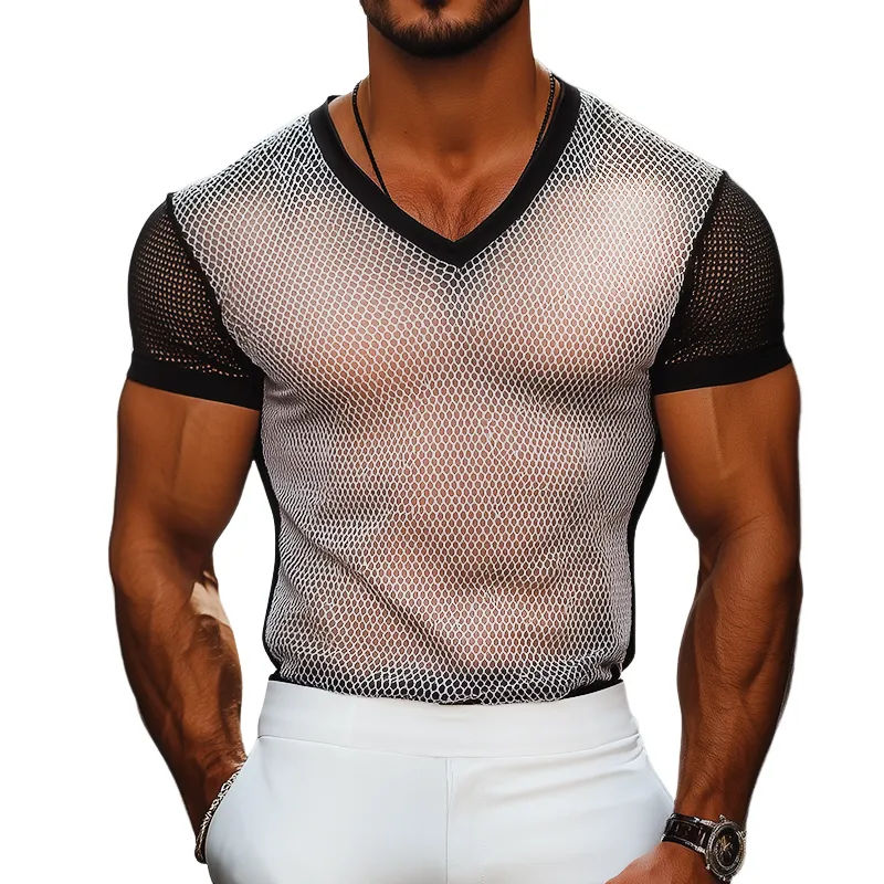 Men's Retro Casual Summer Cool Mesh Fabric Colorblock V-neck Short Sleeve T-shirt MTA2531C3TO sold by Manly