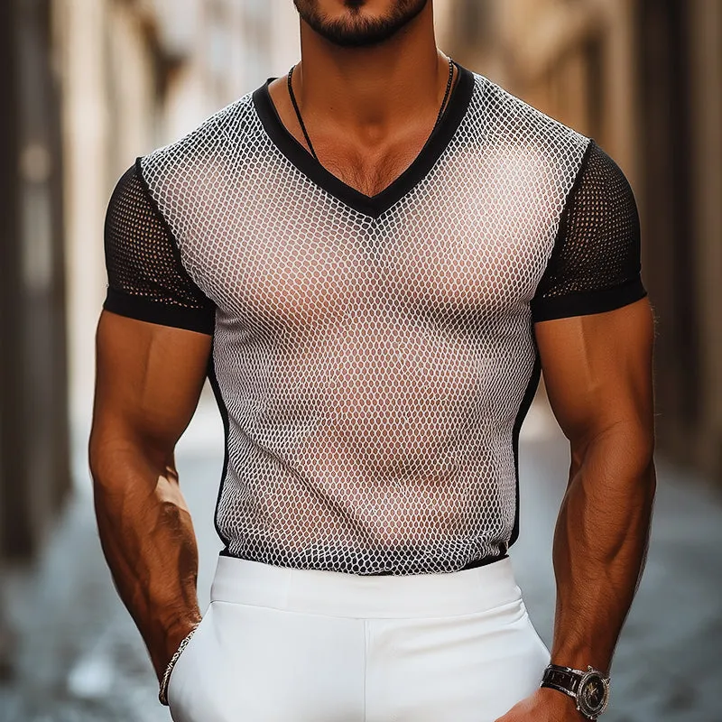 Men's Retro Casual Summer Cool Mesh Fabric Colorblock V-neck Short Sleeve T-shirt MTA2531C3TO sold by Manly product image thumbnail 2