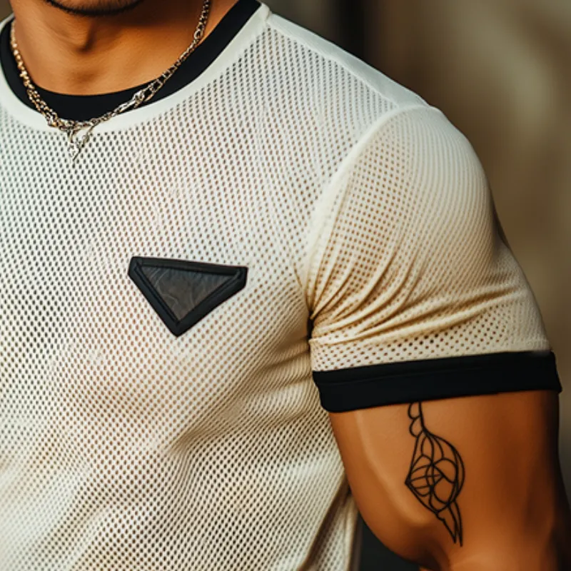 Men's Retro Casual Mesh Fabric Color Block Round Neck Short Sleeve T-Shirt MTA2561C9TO sold by Manly product image thumbnail 3