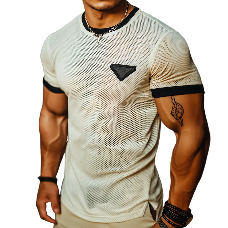 Men's Retro Casual Mesh Fabric Color Block Round Neck Short Sleeve T-Shirt MTA2561C9TO sold by Manly