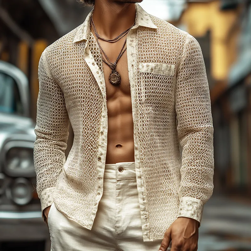 Men's Retro Casual Irregular Mesh Fabric Lapel Long Sleeve Shirt MTA2542C0TO sold by Manly product image thumbnail 2