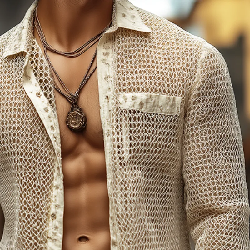 Men's Retro Casual Irregular Mesh Fabric Lapel Long Sleeve Shirt MTA2542C0TO sold by Manly product image thumbnail 3