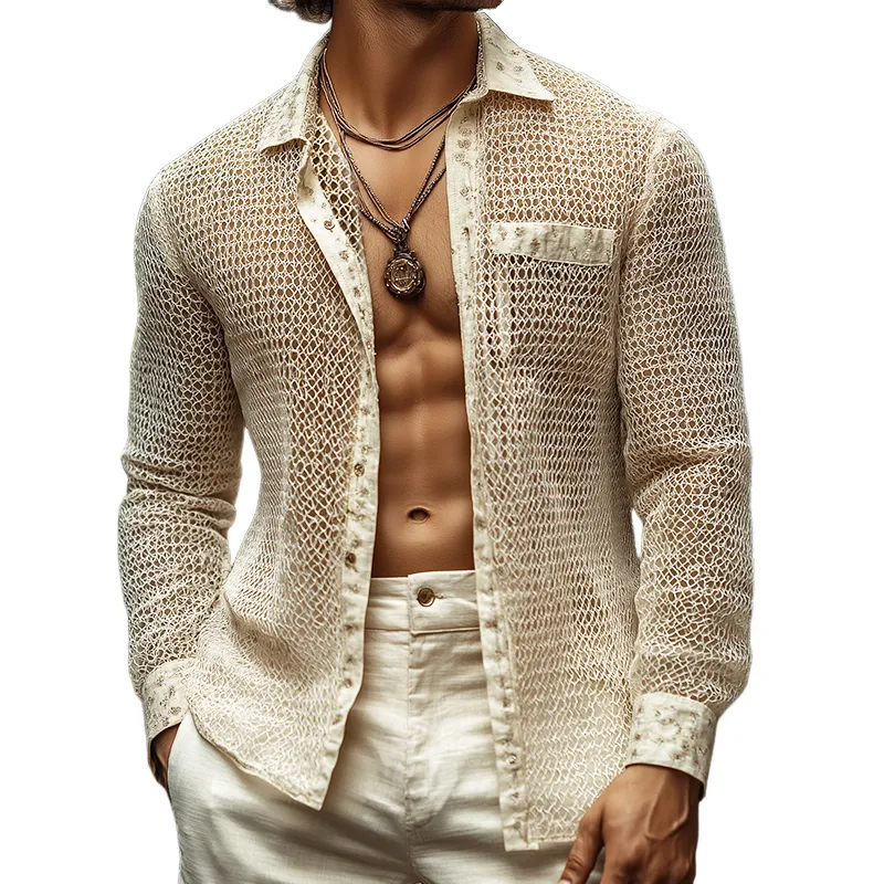 Men's Retro Casual Irregular Mesh Fabric Lapel Long Sleeve Shirt MTA2542C0TO sold by Manly