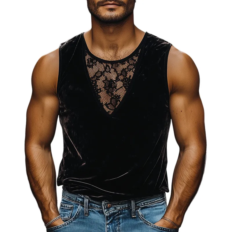 Men's Fashion Casual Round Neck Lace Stitching Velvet Tank Top MTA2517C4K sold by Manly