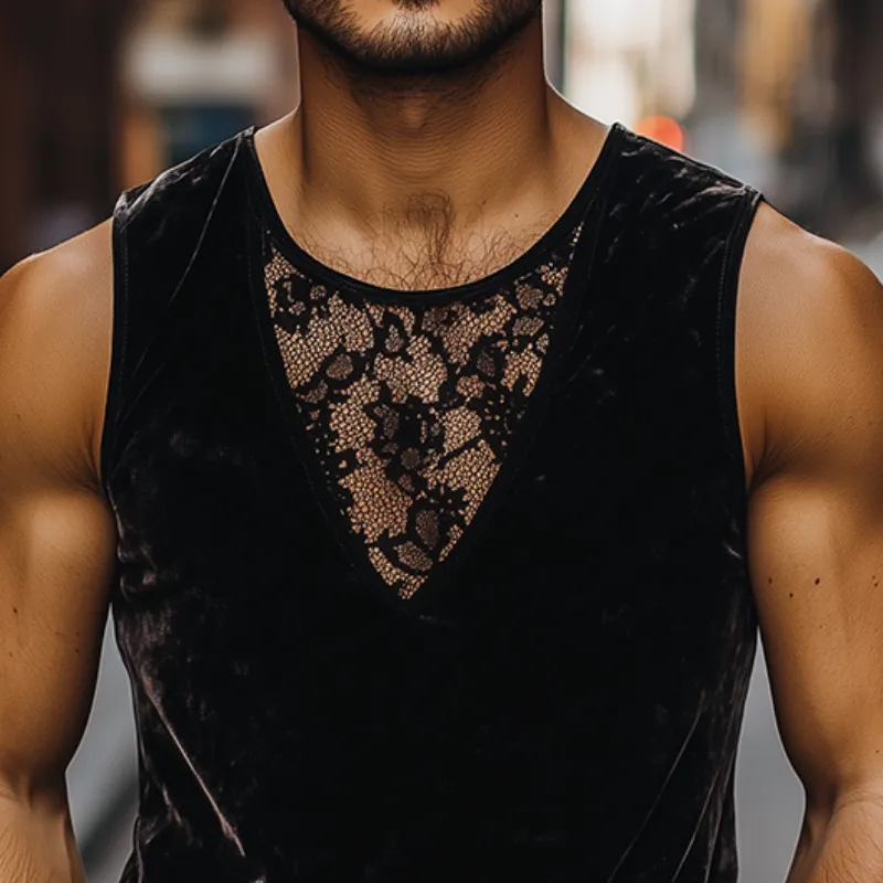 Men's Fashion Casual Round Neck Lace Stitching Velvet Tank Top MTA2517C4K sold by Manly product image thumbnail 3