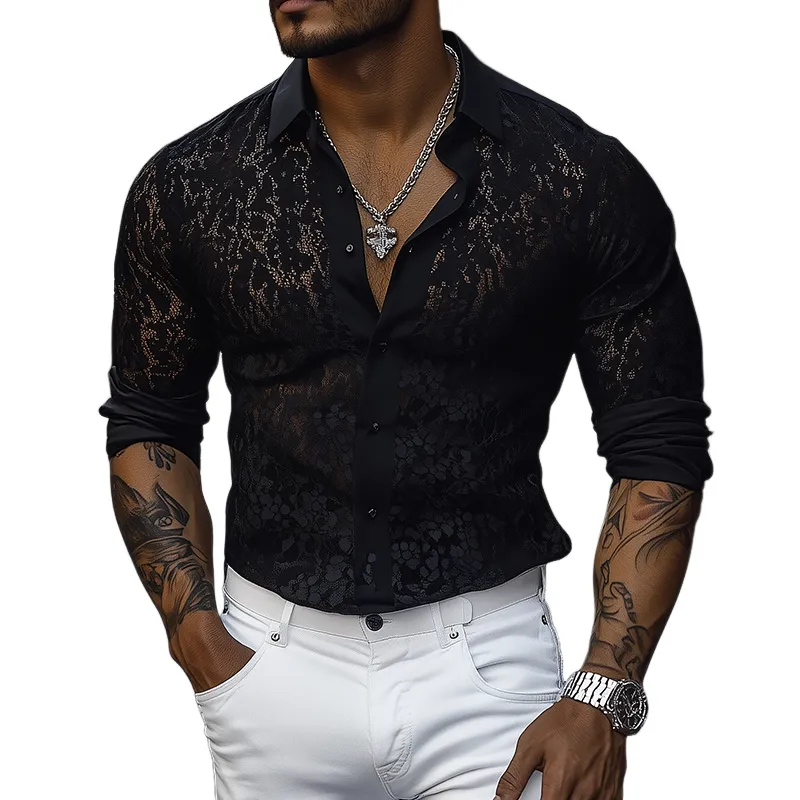 Men's Spring and Summer Fashion Sexy Lace Slim Long Sleeve Shirt MTA2588C6K sold by Manly