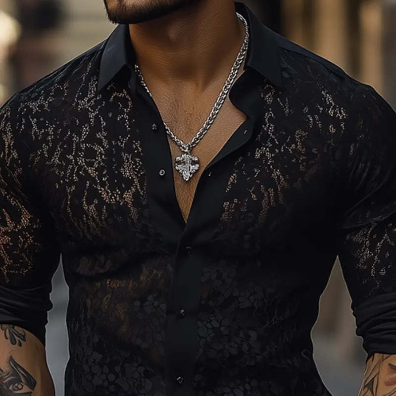 Men's Spring and Summer Fashion Sexy Lace Slim Long Sleeve Shirt MTA2588C6K sold by Manly product image thumbnail 3