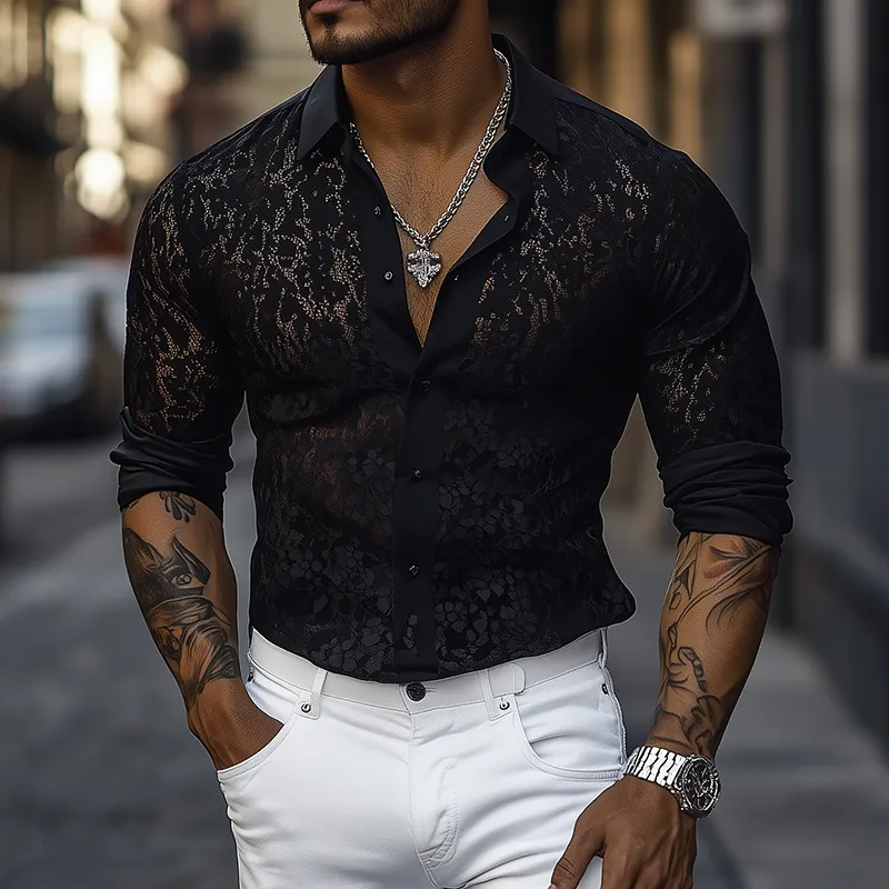Men's Spring and Summer Fashion Sexy Lace Slim Long Sleeve Shirt MTA2588C6K sold by Manly product image thumbnail 2
