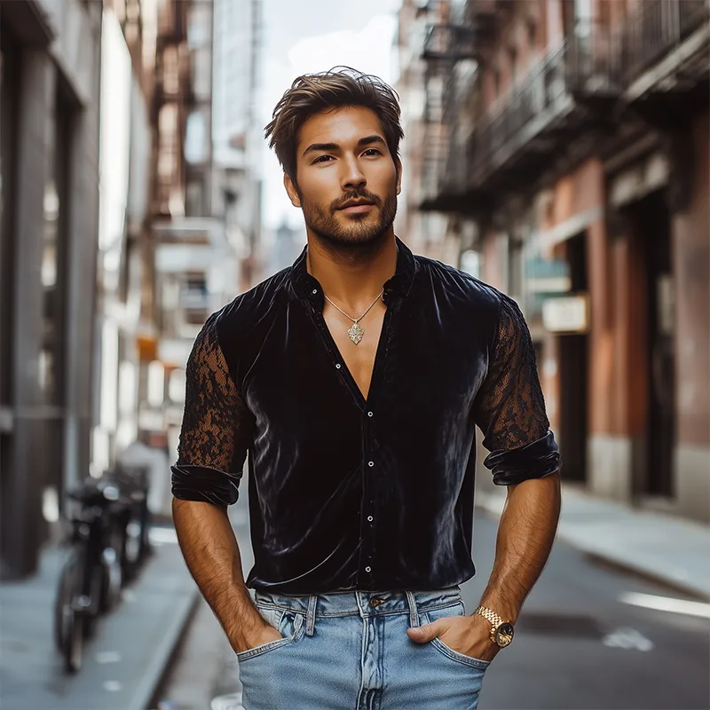 Men's Fashion Spring Lace Stitching Velvet Stand Collar Black Long Sleeve Shirt MTA2412C9K sold by Manly product image thumbnail 3