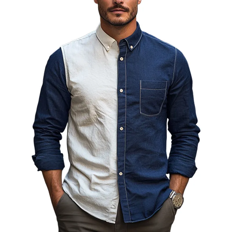 Men's Spring and Autumn Cotton and Linen Contrast Color Stitching Shirt MTA2581C7U sold by Manly