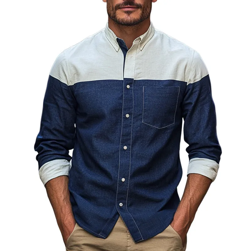 Men's Cotton And Linen Contrast Stitching Basic Long-Sleeved Shirt MTA2574C9U sold by Manly