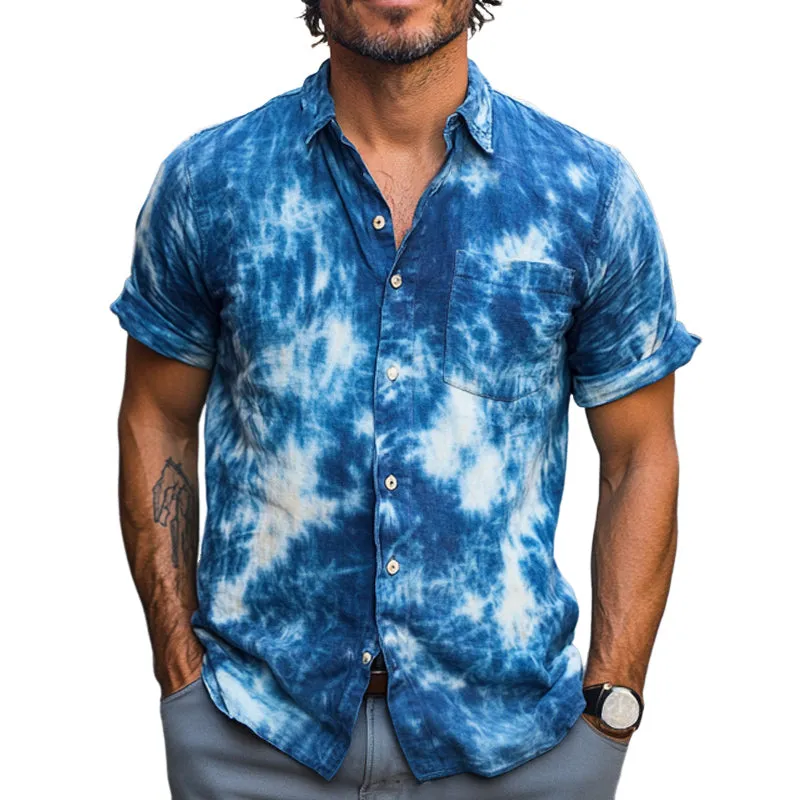 Men's Summer Blue Tie-Dye Cotton Casual Short Sleeve Shirt MTA2510C1U sold by Manly