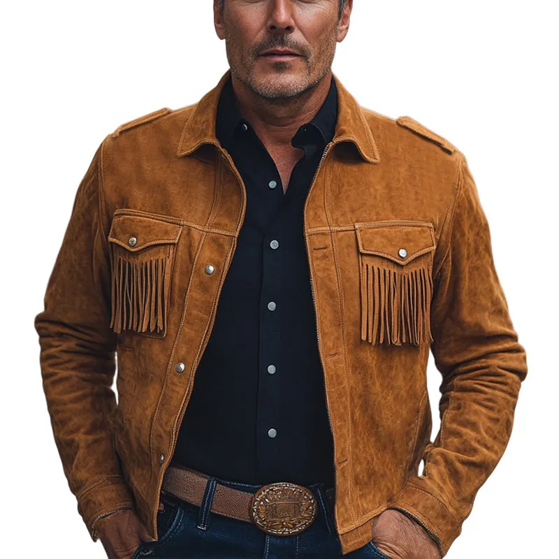 Men's Spring and Autumn Brown Vintage Tassel Suede Jacket MTA2560C5U sold by Manly