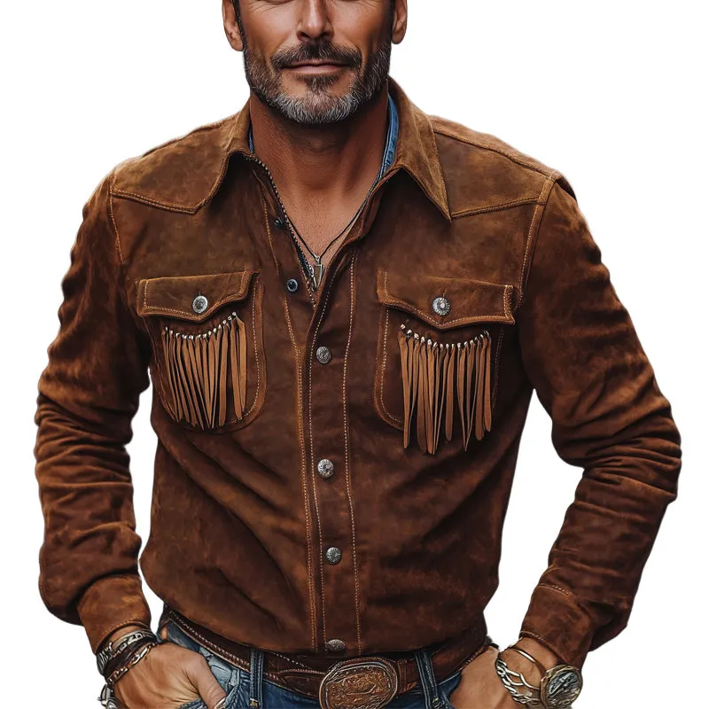 Men's Brown Vintage Lapel Tassel Suede Shirt MTA2588C5U sold by Manly