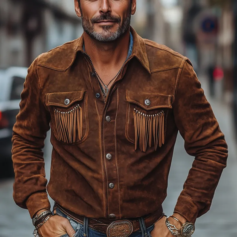 Men's Brown Vintage Lapel Tassel Suede Shirt MTA2588C5U sold by Manly product image thumbnail 2