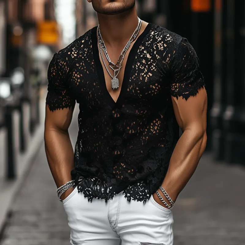 Men's Fashion Sexy Lace Deep V Neck Short Sleeve T-Shirt MTA2292C5K sold by Manly product image thumbnail 2