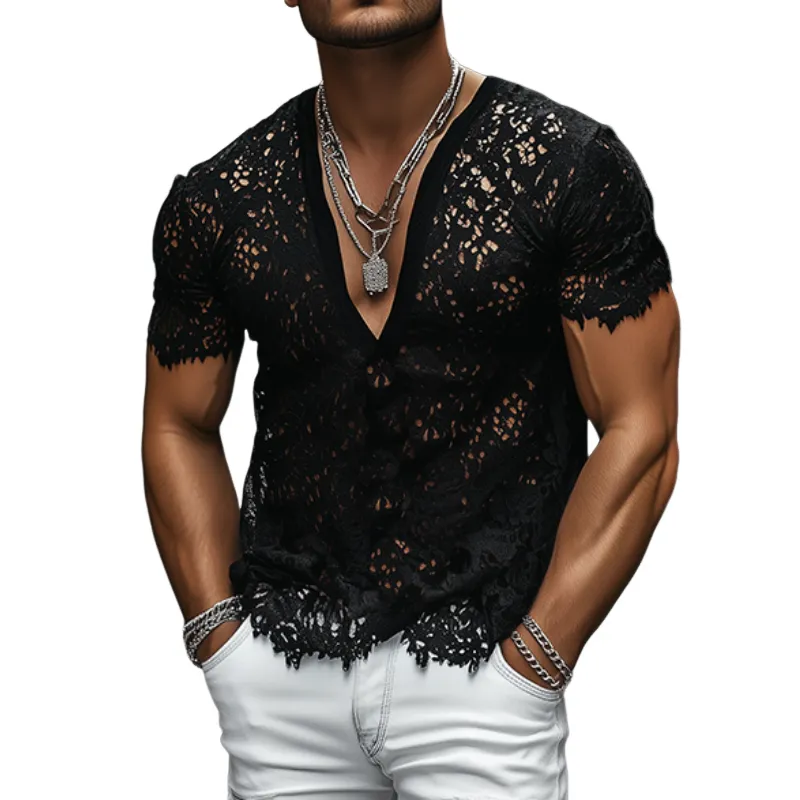 Men's Fashion Sexy Lace Deep V Neck Short Sleeve T-Shirt MTA2292C5K sold by Manly