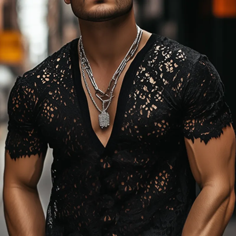 Men's Fashion Sexy Lace Deep V Neck Short Sleeve T-Shirt MTA2292C5K sold by Manly product image thumbnail 4