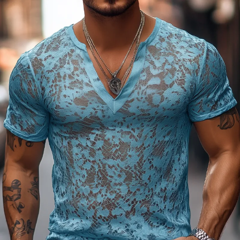 Men's Spring and Summer Fashion Casual V-neck Slim Lace Short Sleeve T-shirt MTA2501C7K sold by Manly product image thumbnail 4