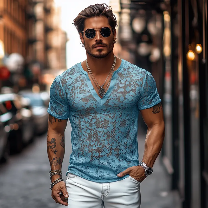 Men's Spring and Summer Fashion Casual V-neck Slim Lace Short Sleeve T-shirt MTA2501C7K sold by Manly product image thumbnail 3
