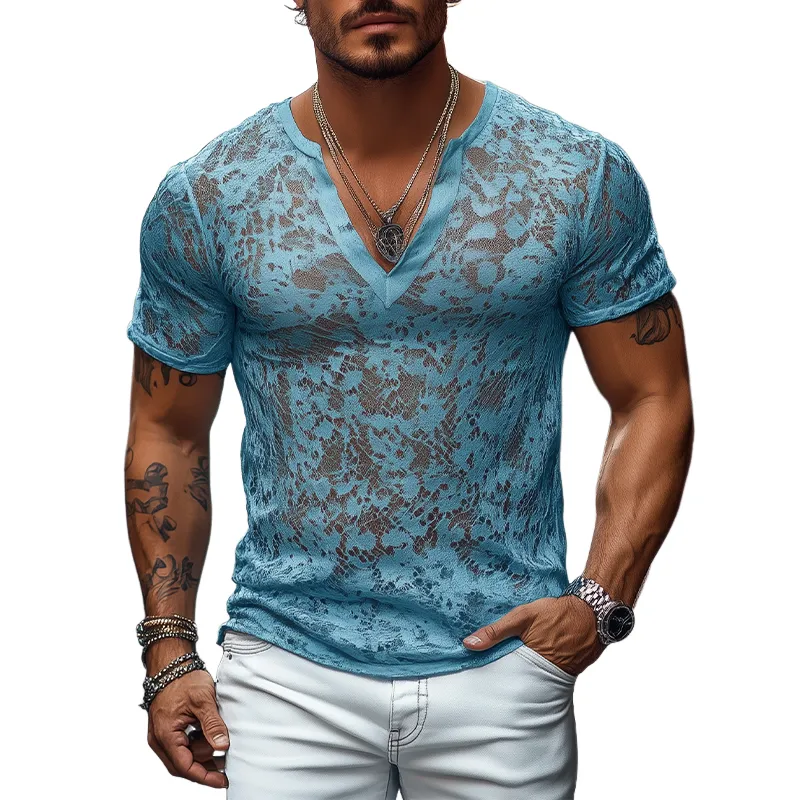 Men's Spring and Summer Fashion Casual V-neck Slim Lace Short Sleeve T-shirt MTA2501C7K sold by Manly