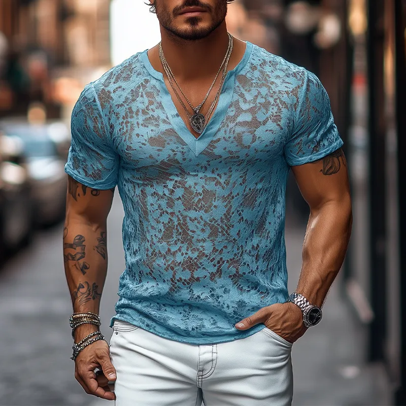 Men's Spring and Summer Fashion Casual V-neck Slim Lace Short Sleeve T-shirt MTA2501C7K sold by Manly product image thumbnail 2