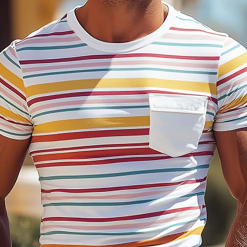 Men's Casual Round Neck Contrast Color Horizontal Striped Cotton Short-sleeved T-shirt MTA2581C6K sold by Manly product image thumbnail 4