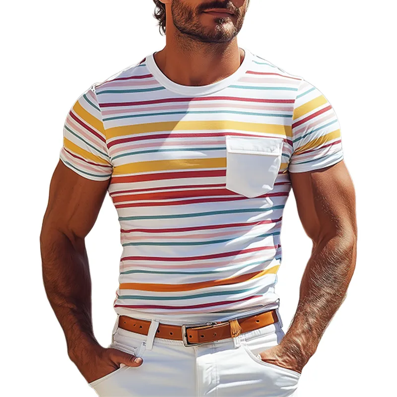 Men's Casual Round Neck Contrast Color Horizontal Striped Cotton Short-sleeved T-shirt MTA2581C6K sold by Manly