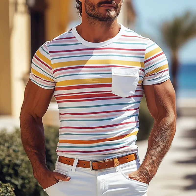 Men's Casual Round Neck Contrast Color Horizontal Striped Cotton Short-sleeved T-shirt MTA2581C6K sold by Manly product image thumbnail 2