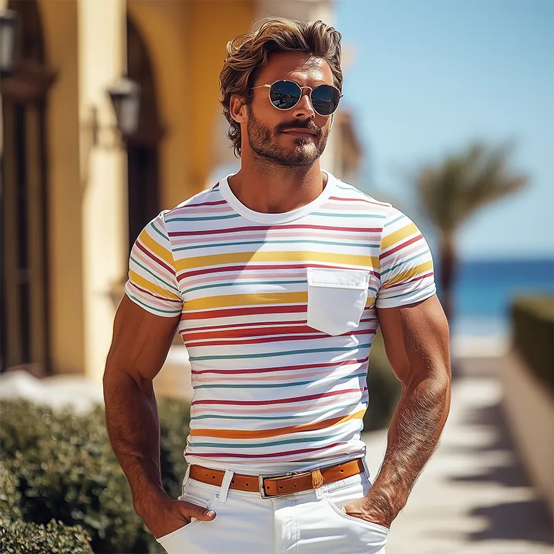 Men's Casual Round Neck Contrast Color Horizontal Striped Cotton Short-sleeved T-shirt MTA2581C6K sold by Manly product image thumbnail 3