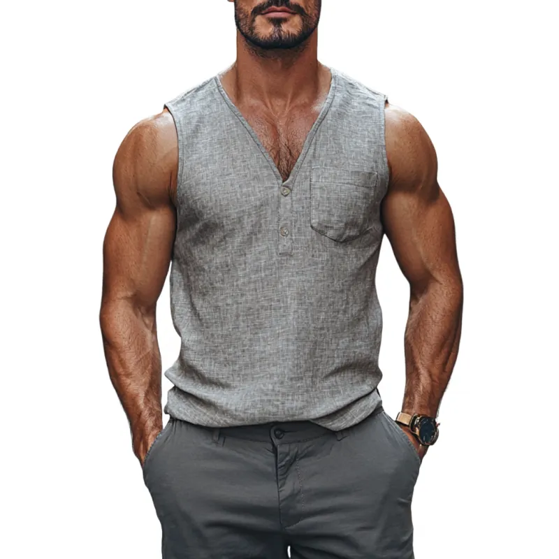 Men's Casual Linen Button V-Neck Patch Pocket Slim Fit Tank Top MTA2174C9M sold by Manly