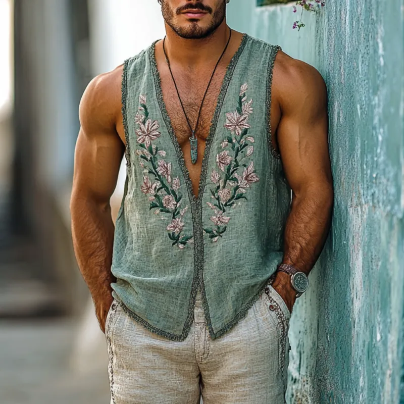Men's Casual Linen Flower Embroidered V-Neck Ribbon Slim Fit Tank Top MTA2207C5M sold by Manly product image thumbnail 2