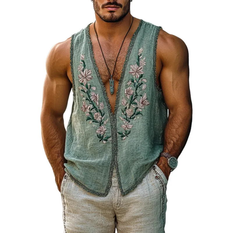 Men's Casual Linen Flower Embroidered V-Neck Ribbon Slim Fit Tank Top MTA2207C5M sold by Manly