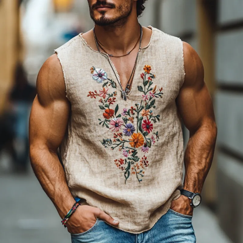 Men's Casual Linen V-Neck Flower Embroidered Loose Tank Top MTA2141C7M sold by Manly product image thumbnail 2