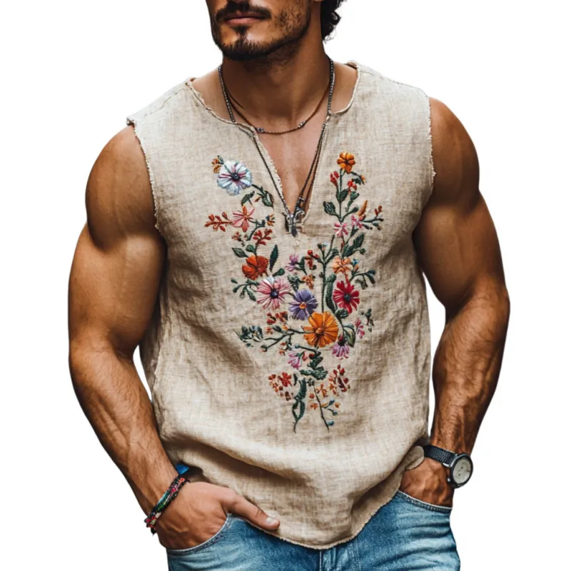 Men's Casual Linen V-Neck Flower Embroidered Loose Tank Top MTA2141C7M sold by Manly