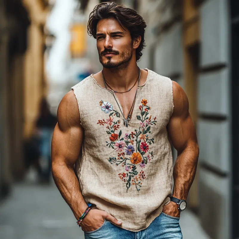 Men's Casual Linen V-Neck Flower Embroidered Loose Tank Top MTA2141C7M sold by Manly product image thumbnail 3