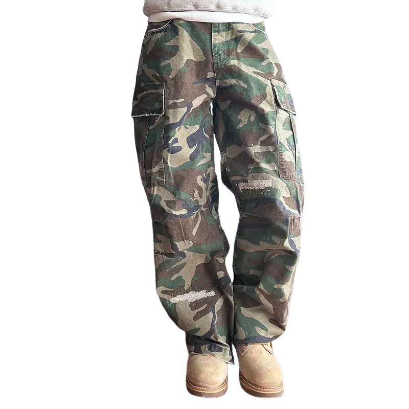 Men's Loose Washed Camo Large Pocket Wear-resistant Cargo Paratrooper Pants MTA2226C5Z sold by Manly